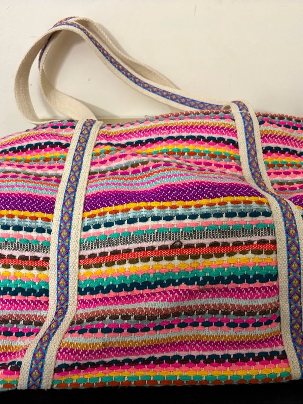 Handcrafted Multicolor Boho Tassel Tote - Pink & Blue Accents